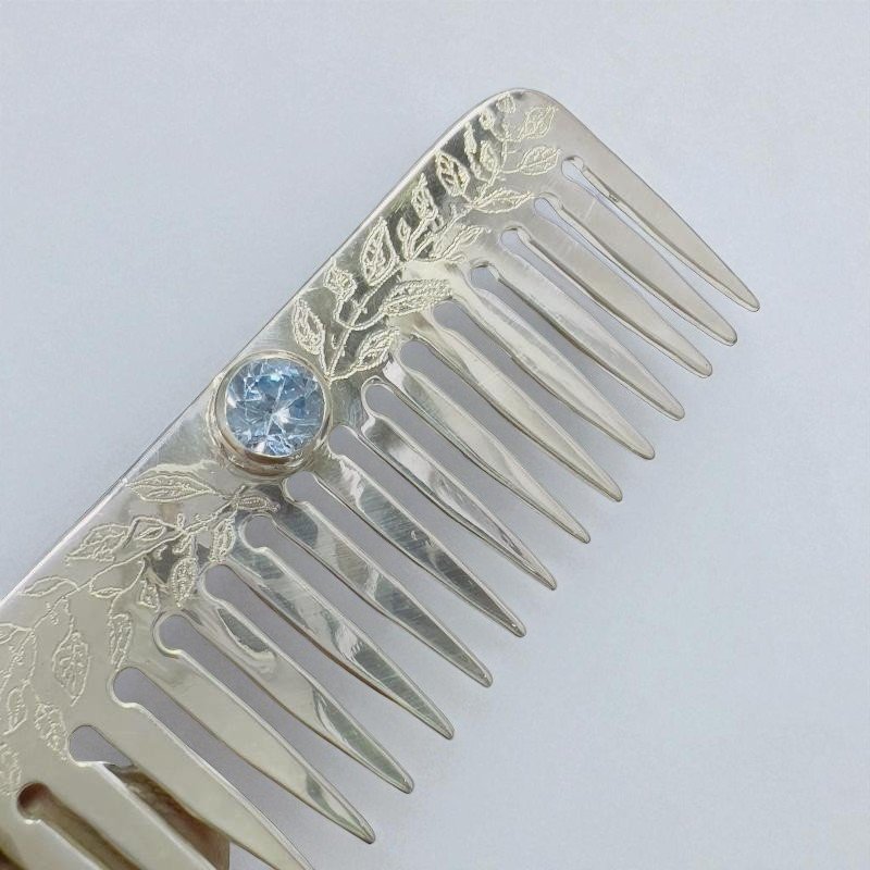 Peineta Artesanal En Plata 950 Con Aguamarina Facetada